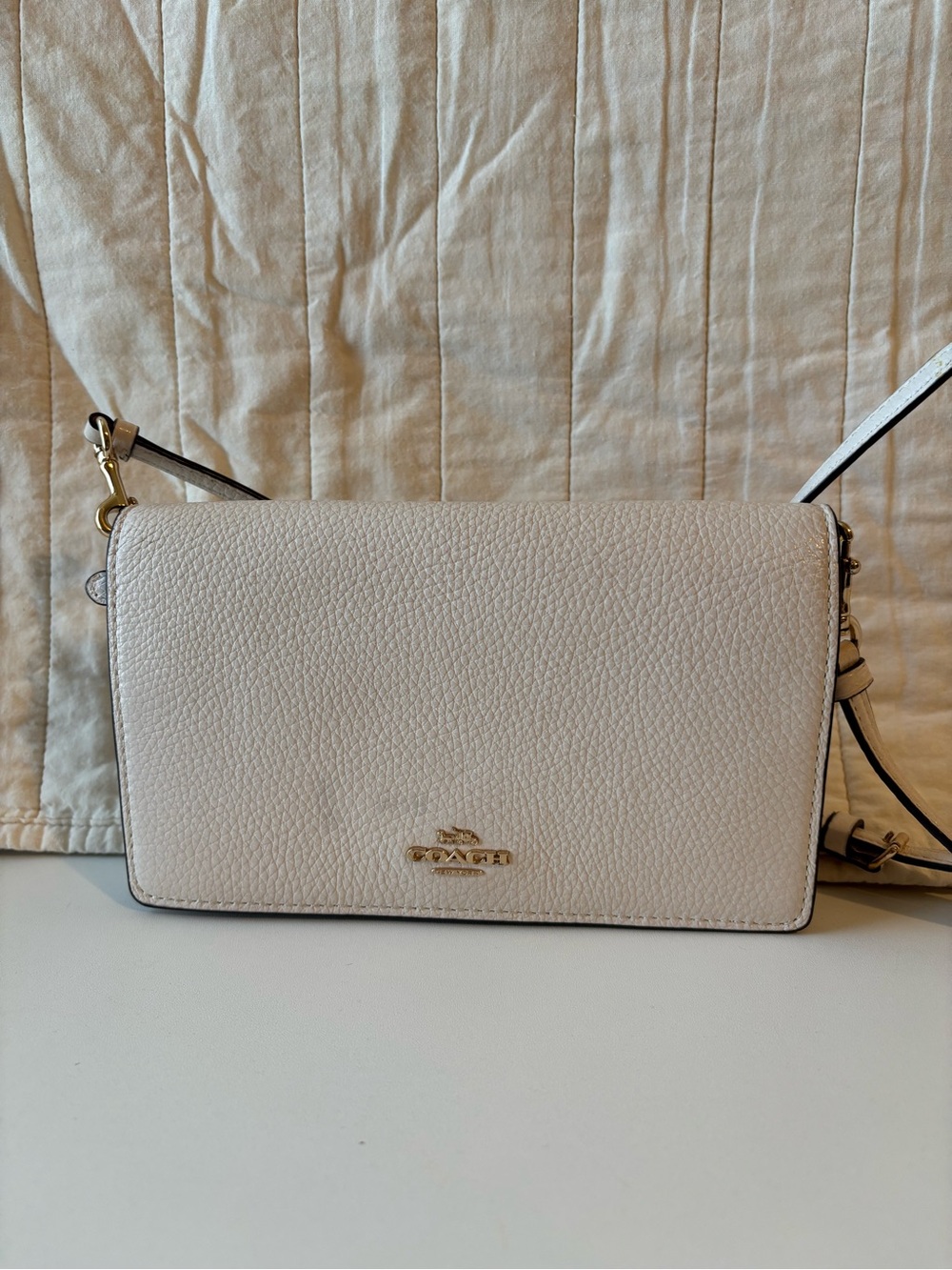 Coach Cream Pebbled Leather Flap Crossbody with Gold Hardware